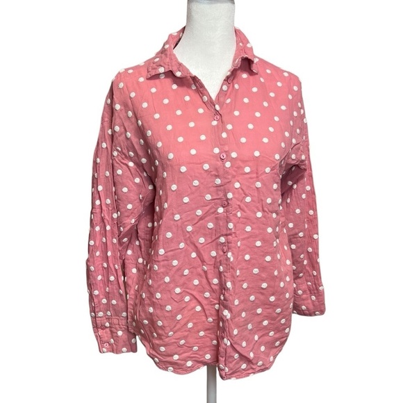 ZARA Embroidered Big Polka Dot Button-Down Top Pink White Lightweight Blouse XS - Picture 3 of 7